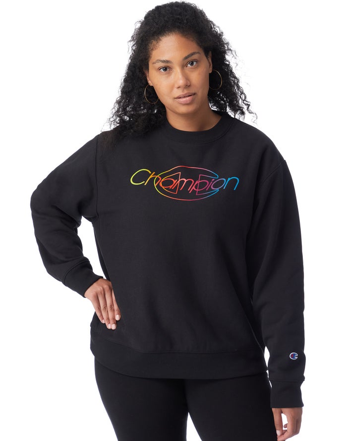 Champion Plus Reverse Weave Crew Rainbow Logo Sweatshirt Dames - Zwart - Belgie 5097JNAZO